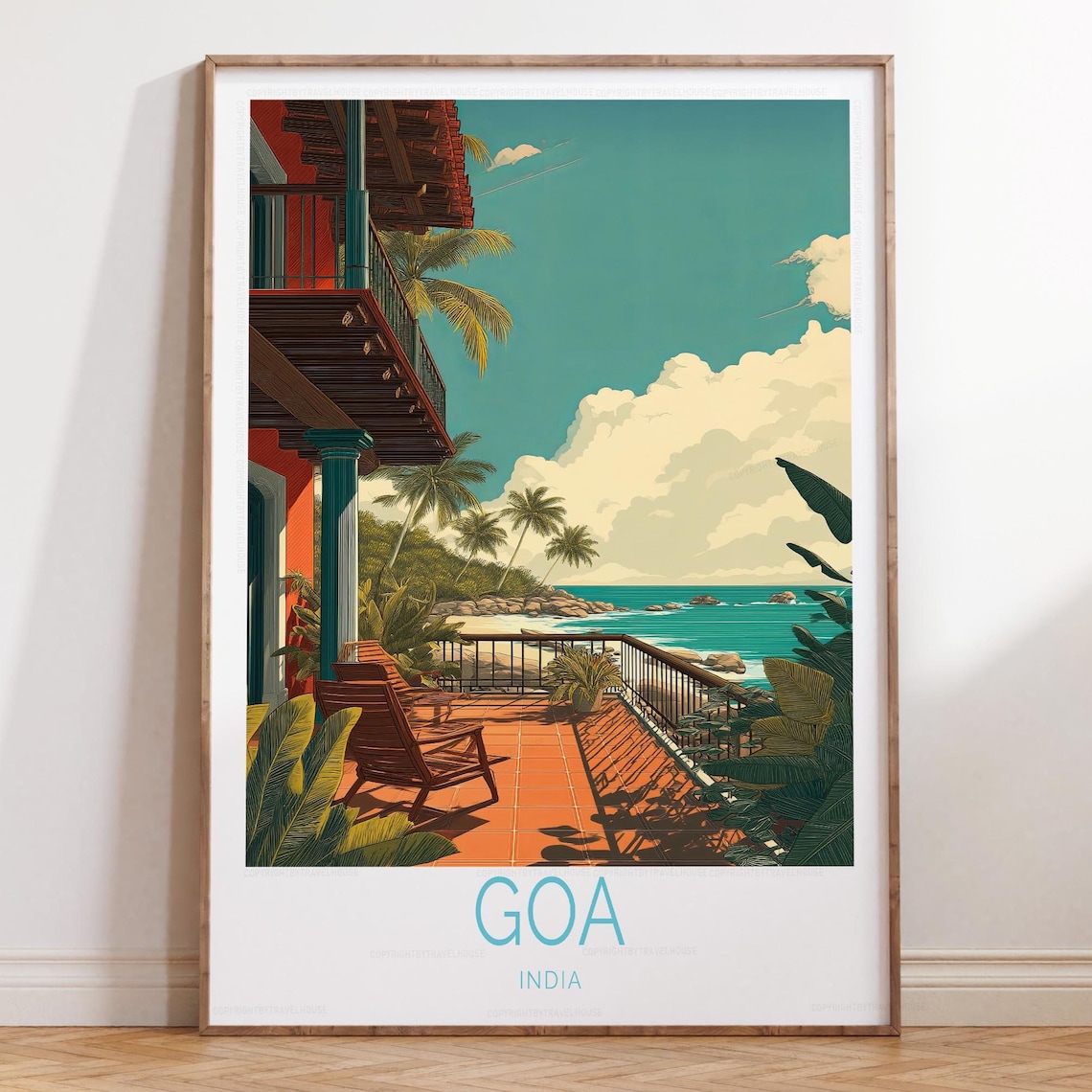 Goa India Portuguese Villa Balcony Palms Turquoise Sea Travel Poster