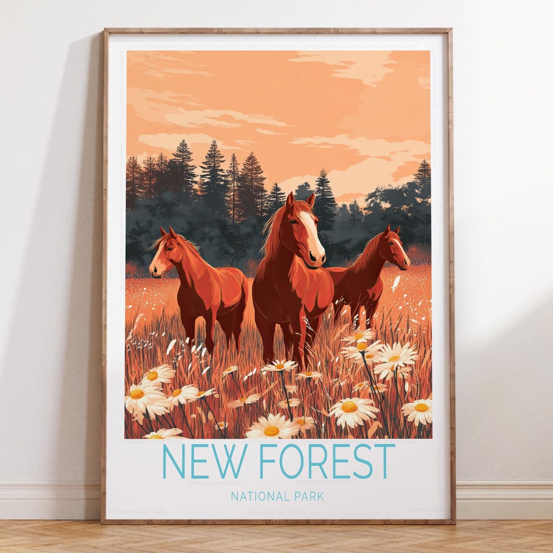 New Forest National Park Horses Sunset Glow Daisy Meadow Travel Print