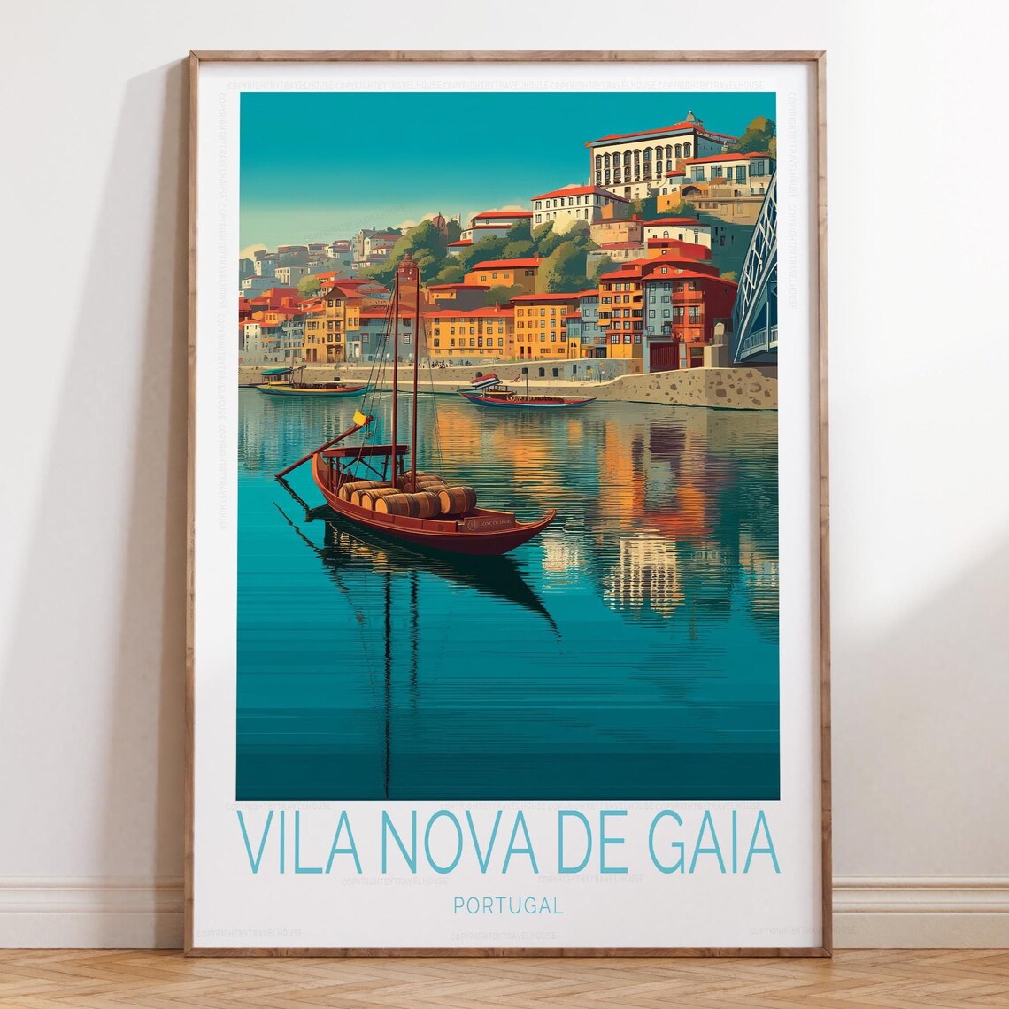 Vila Nova de Gaia Portugal Wine Boat River View Travel Poster