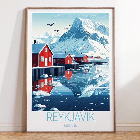 Reykjavik Iceland Winter Red Cabins Snowy Harbor Vintage Travel Poster
