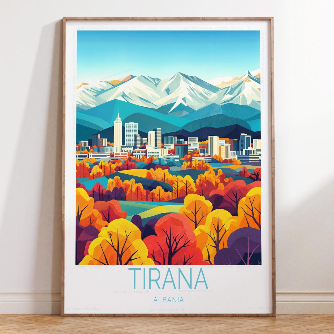 Tirana Albania Skyline Autumn Mountains Colorful Travel Poster