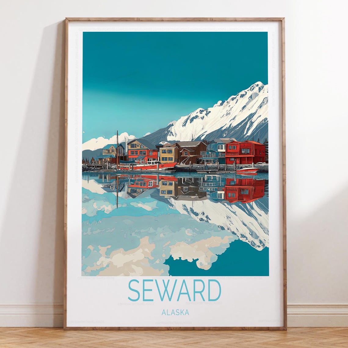 Seward Alaska Harbor Mountain Reflection Waterfront Travel Poster