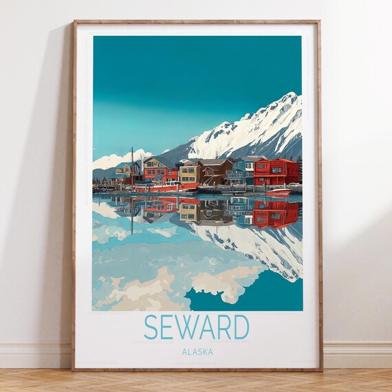 Seward Alaska Harbor Mountain Reflection Waterfront Travel Poster