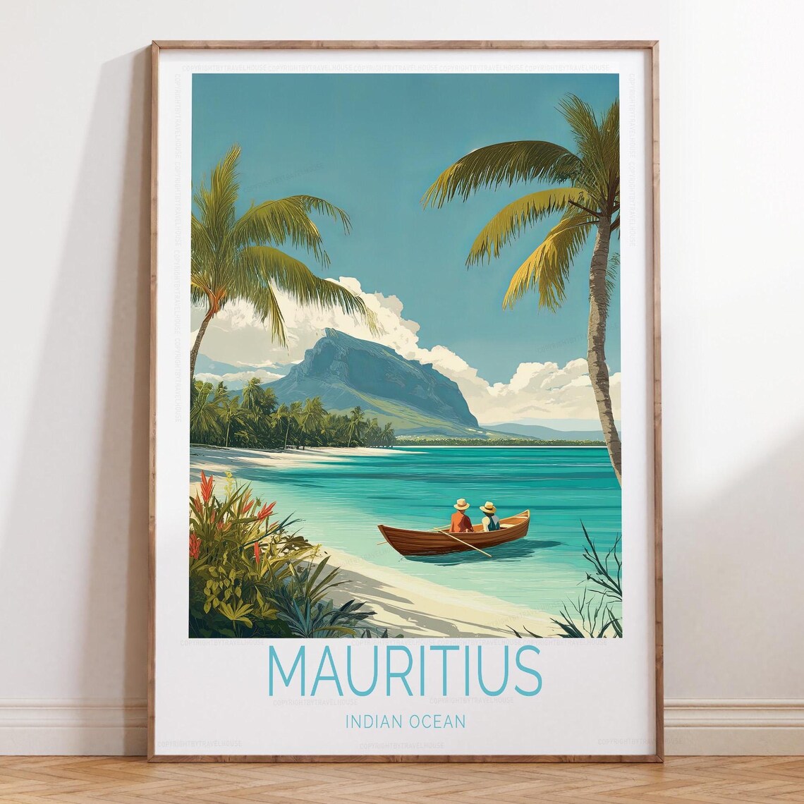 Mauritius Indian Ocean Beach Travel Poster With Hut Palms and Boats