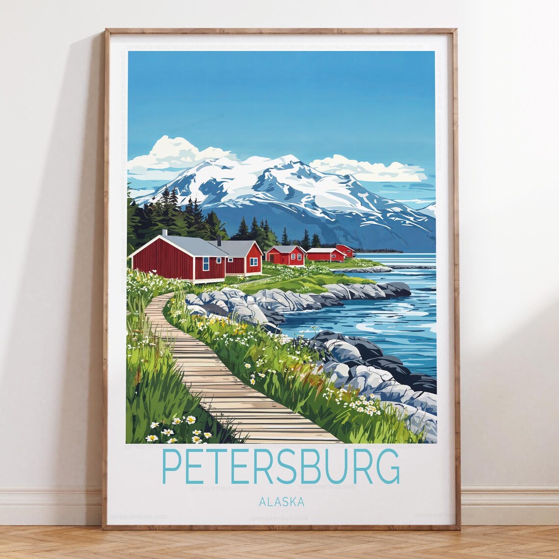 Petersburg Alaska Red Cabins Boardwalk Mountain Travel Poster