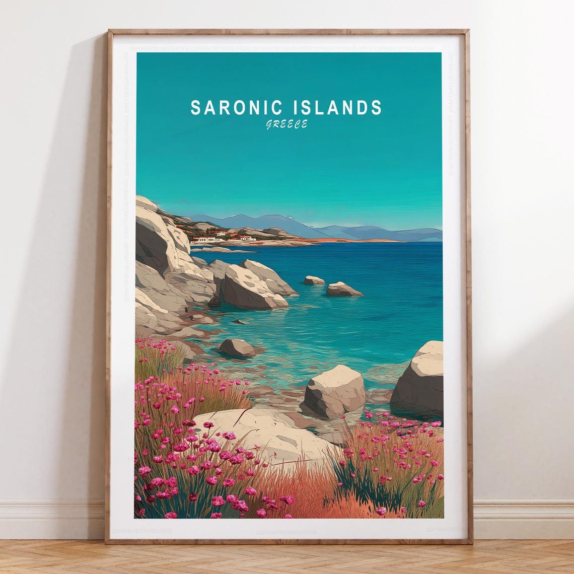 Saronic Islands Greece Flower Meadow Rocky Cove Seaside Poster