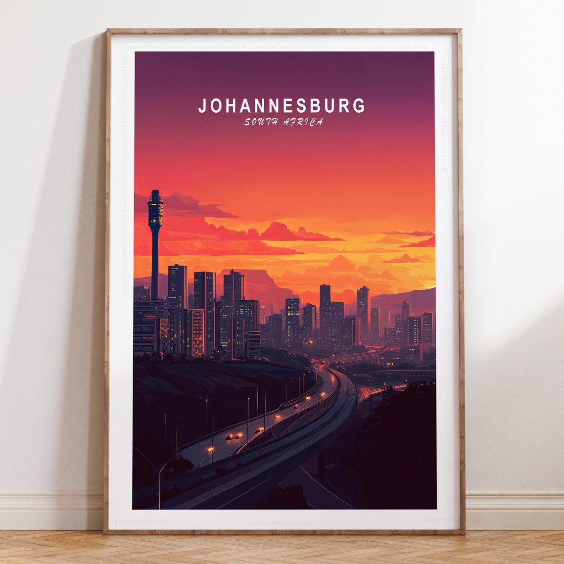 Johannesburg South Africa Skyline Sunset Vintage Travel Poster