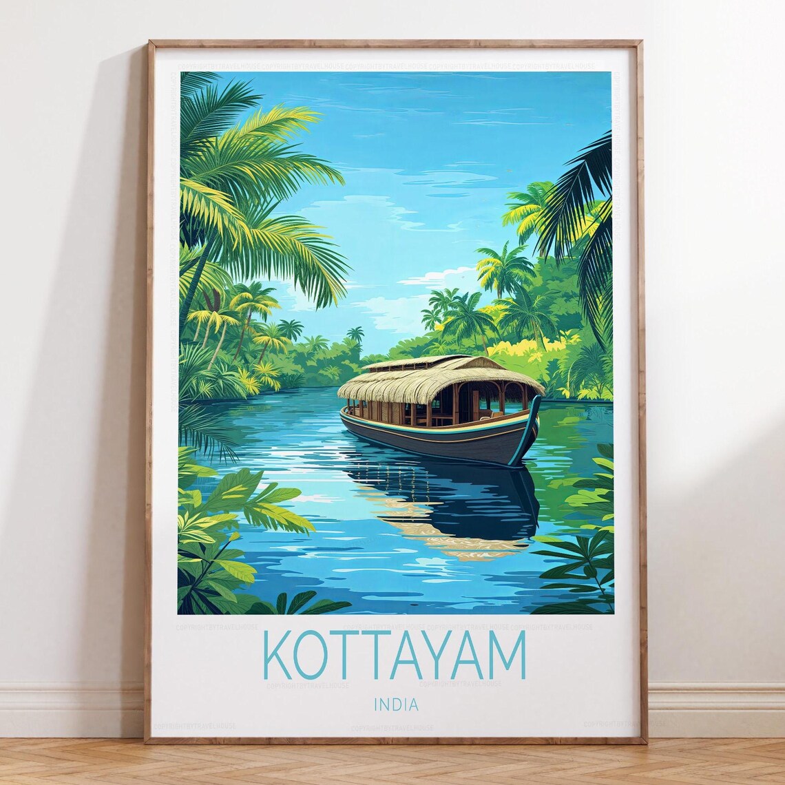 Kottayam India Backwater Houseboat Kerala Palms Travel Poster
