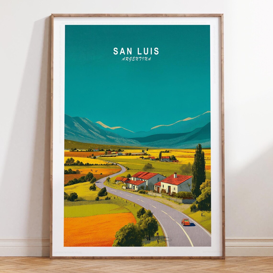 San Luis Argentina Country Road and Red Roof Farmhouses Travel Poster