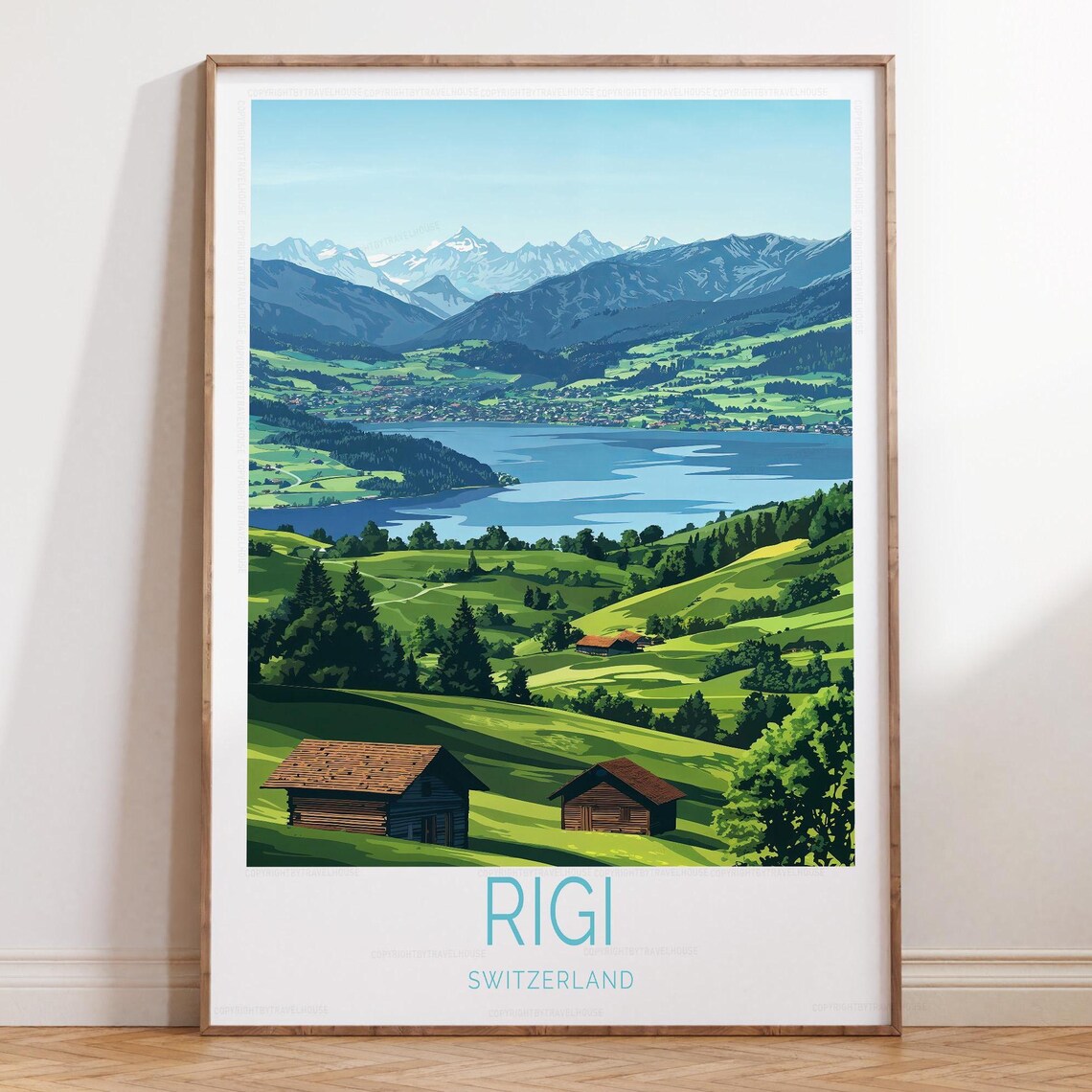 Rigi Switzerland Travel Poster Green Meadows Lake Mountain Village Art
