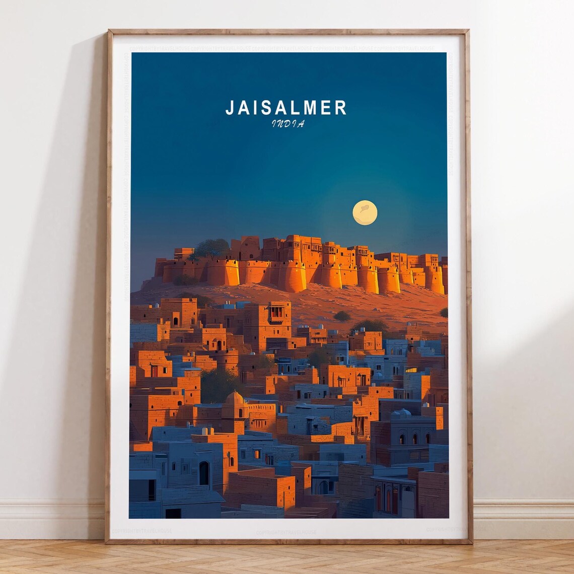 Jaisalmer India Moonlit Fort Golden City Skyline Travel Poster