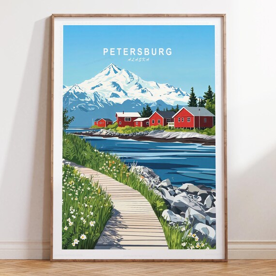 Petersburg Alaska Red Cabins Snowcapped Mountain Boardwalk Poster