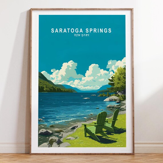 Saratoga Springs New York Lake View Teal Sky Green Chairs Poster