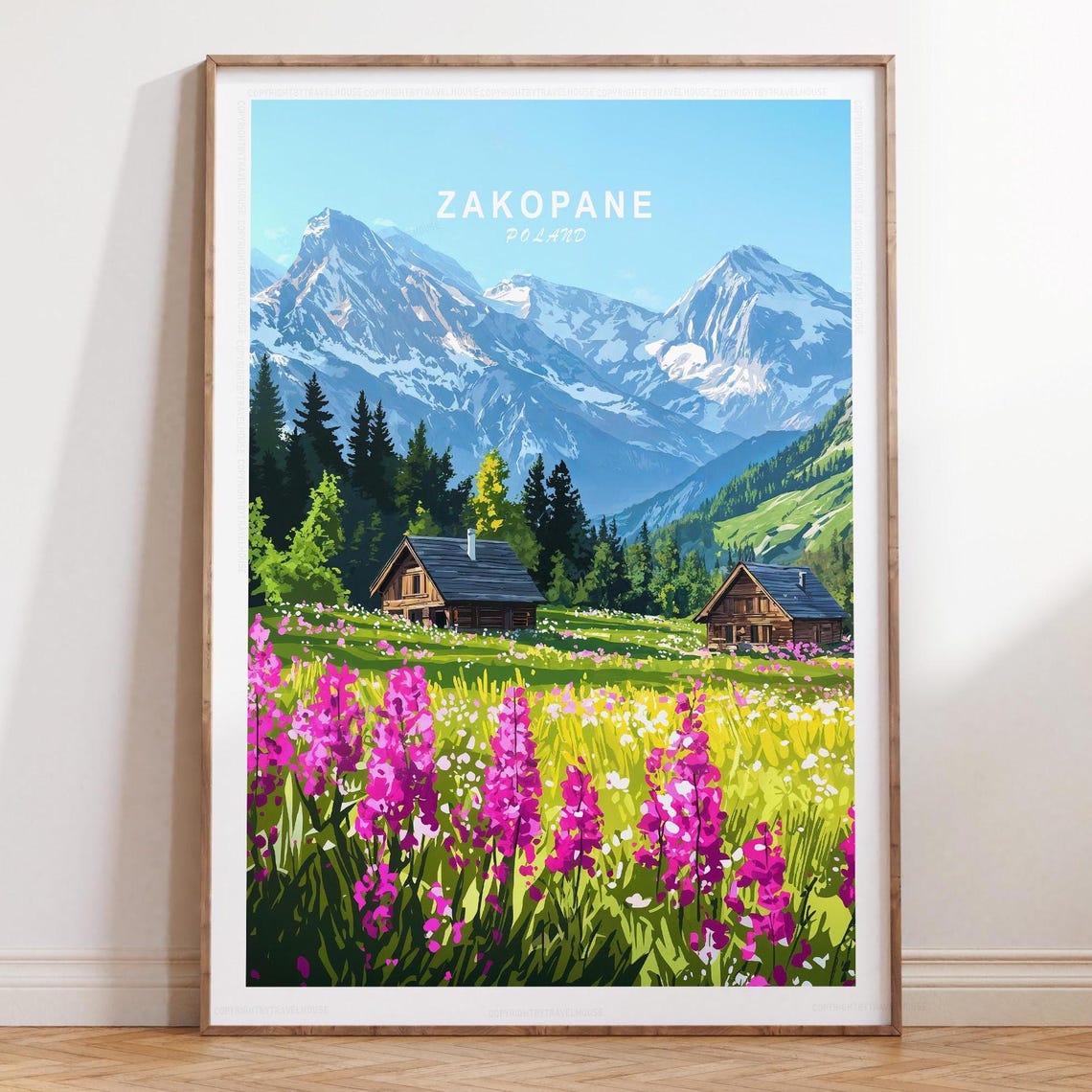 Zakopane Poland Alpine Meadow Cabins Snowy Peaks Travel Poster
