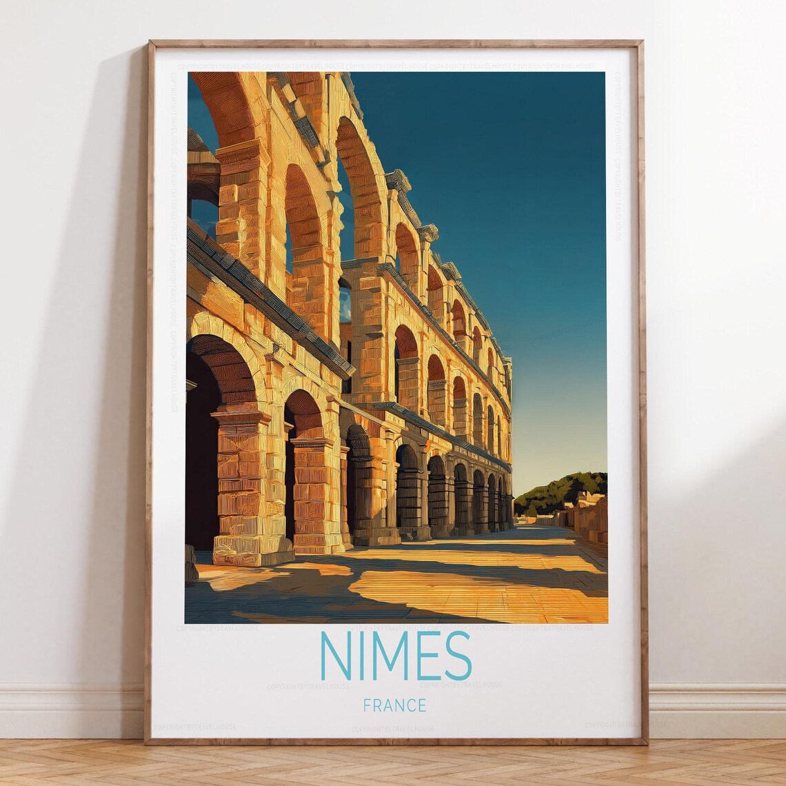 Nimes France Roman Amphitheatre Ancient Golden Arches Travel Poster
