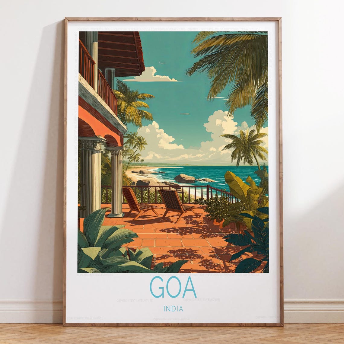 Goa India Beachfront Terrace Palm Trees Turquoise Bay Travel Poster