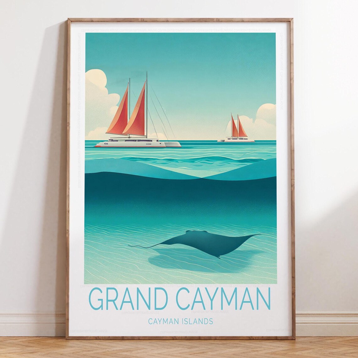 Grand Cayman Sailboats and Stingray Underwater Scene Travel Poster