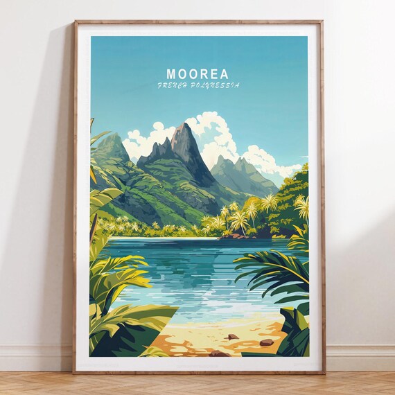Moorea Palm Beach Mountain Lagoon French Polynesia Travel Poster