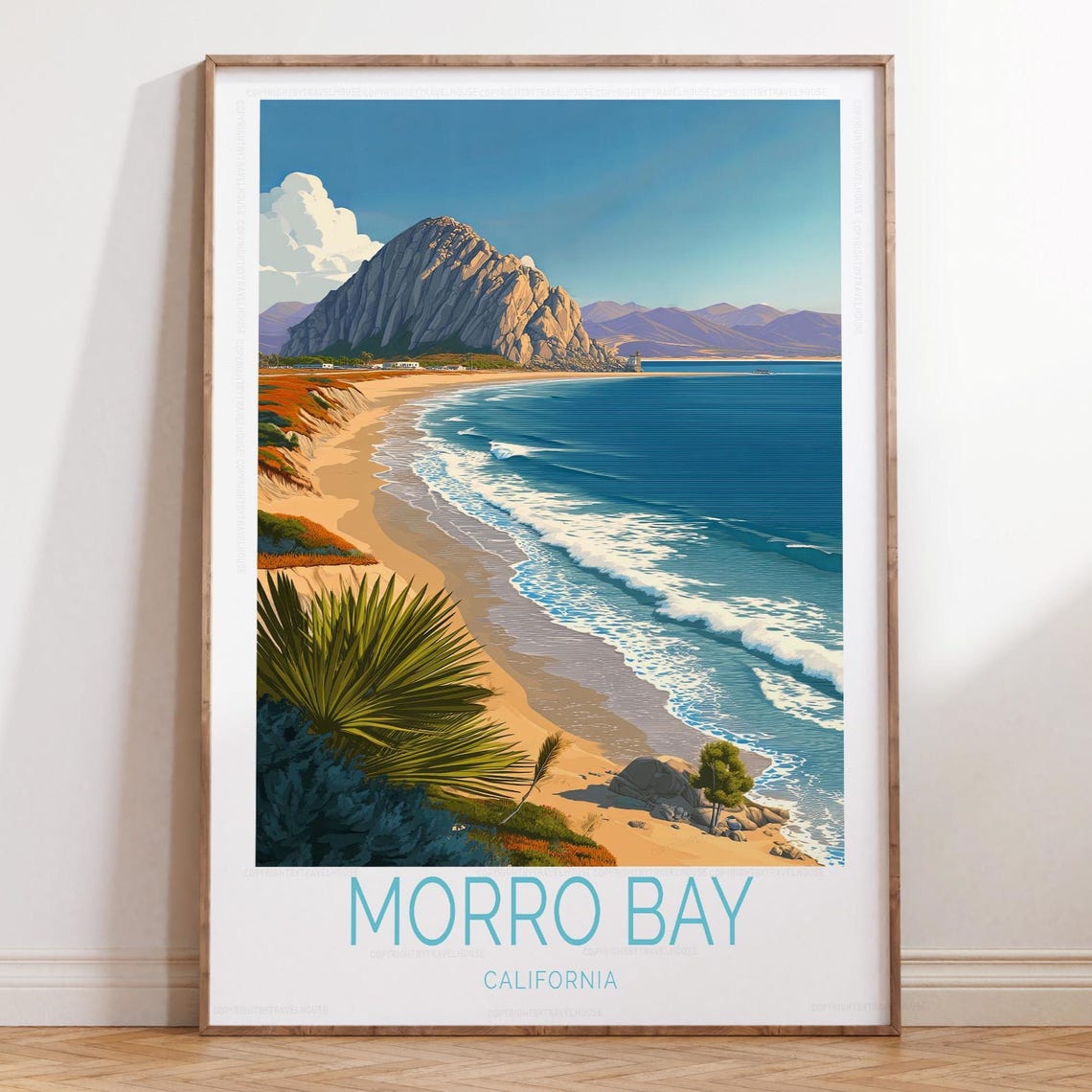 Morro Bay California Iconic Morro Rock Beach Travel Poster with Text