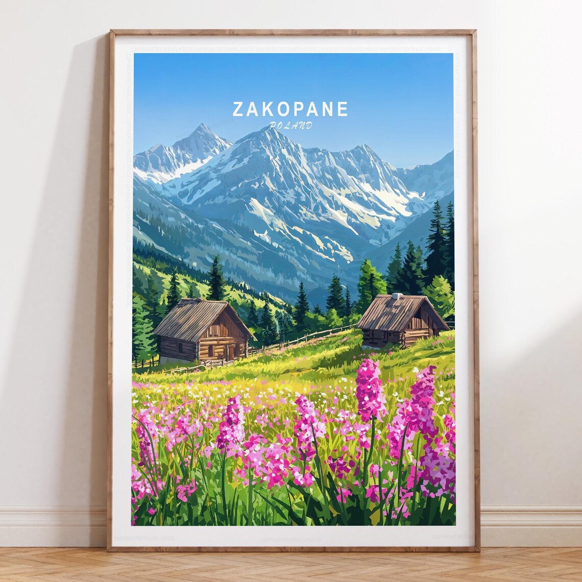 Zakopane Poland Mountain Cabins Wildflower Meadow Travel Poster