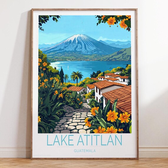 Lake Atitlan Guatemala Volcano View Over Stone Path Garden Village Poster