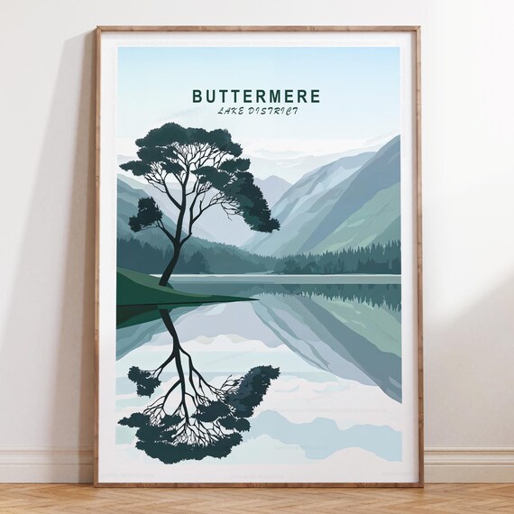 Buttermere Lake District Tree Reflection Minimalist Art Poster
