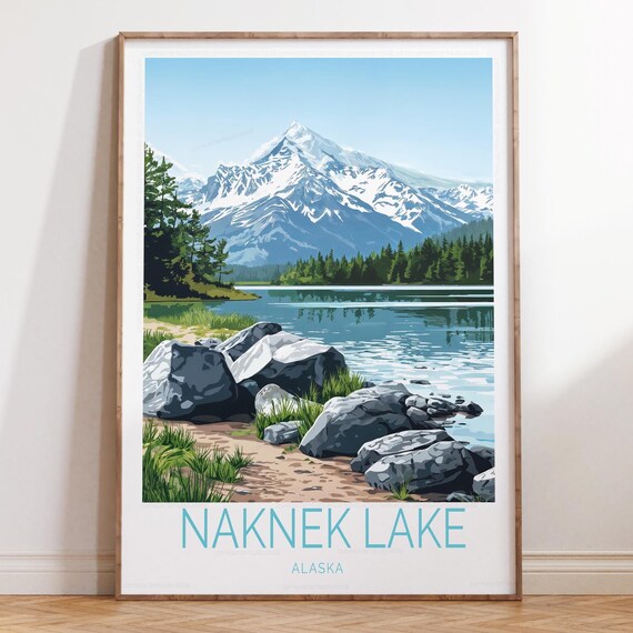 Naknek Lake Alaska Snow Capped Mountain Rocky Shoreline Travel Poster