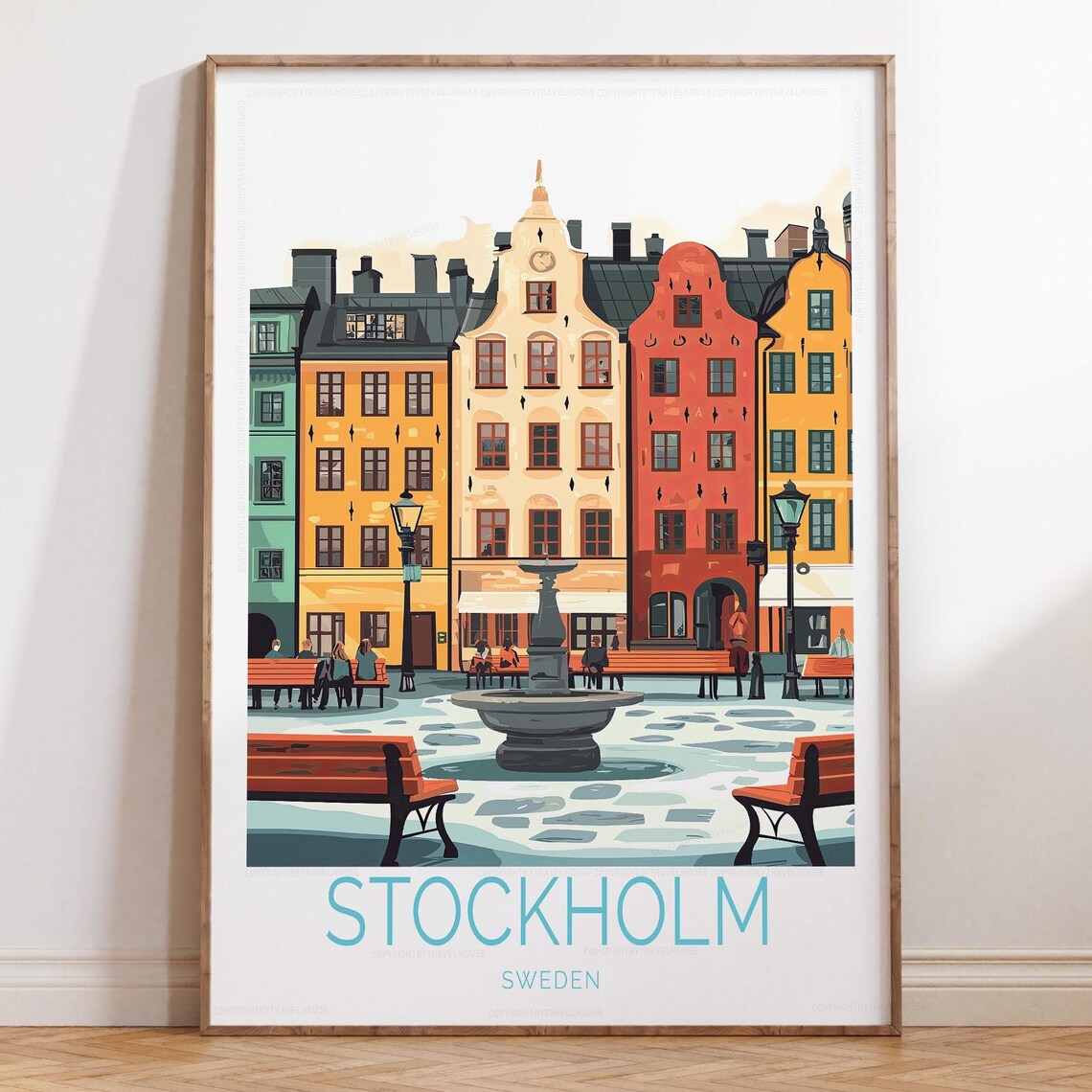 Stockholm Sweden Colorful Square Fountain Gamla Stan Travel Poster