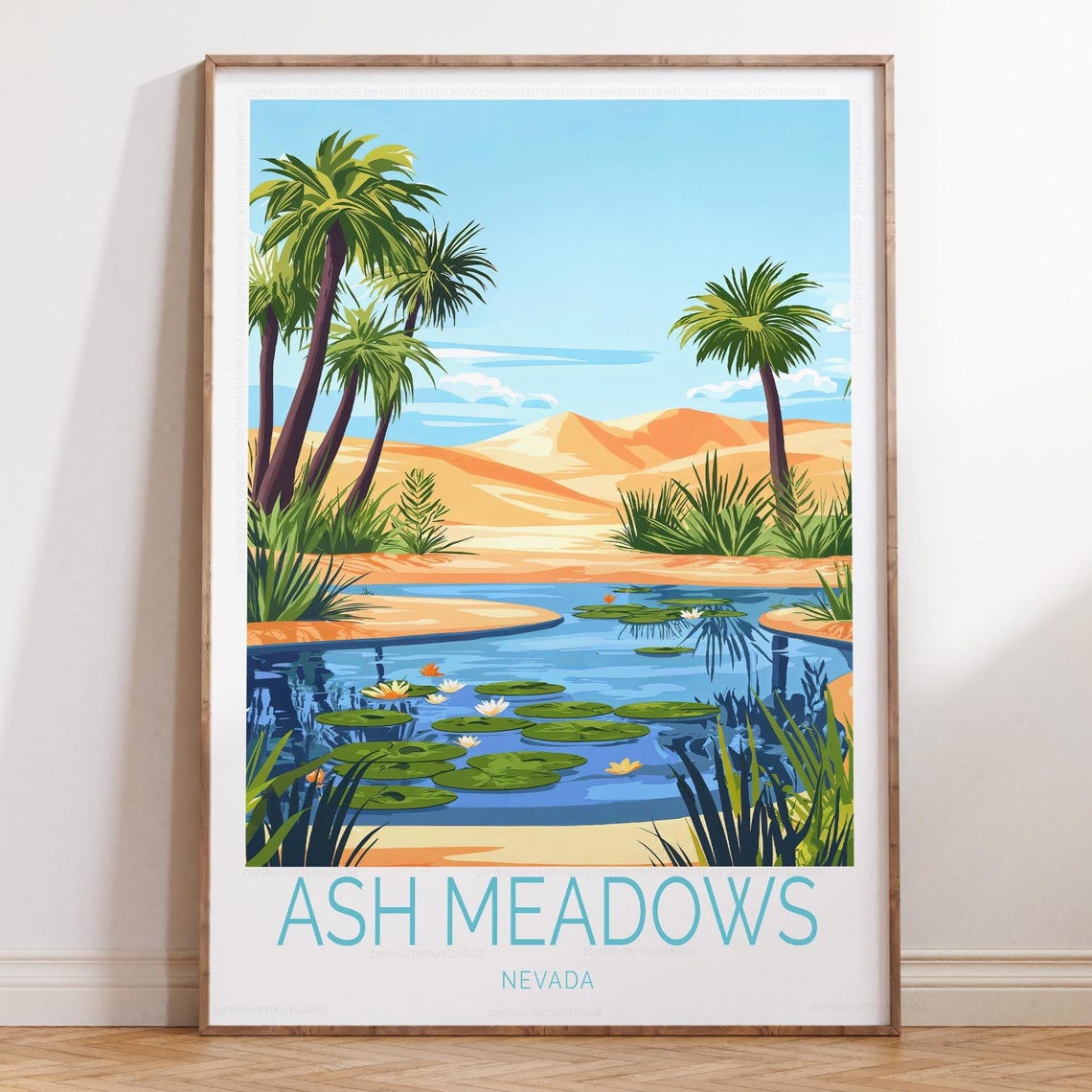 Ash Meadows Nevada Lily Pond Desert Palm Trees Morning Travel Poster