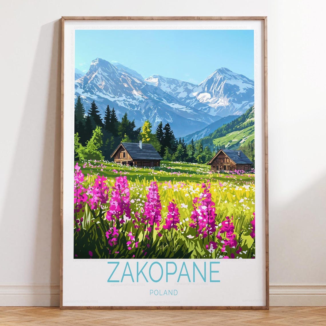 Zakopane Poland Alpine Cabins Mountain Meadow Scenic Travel Poster