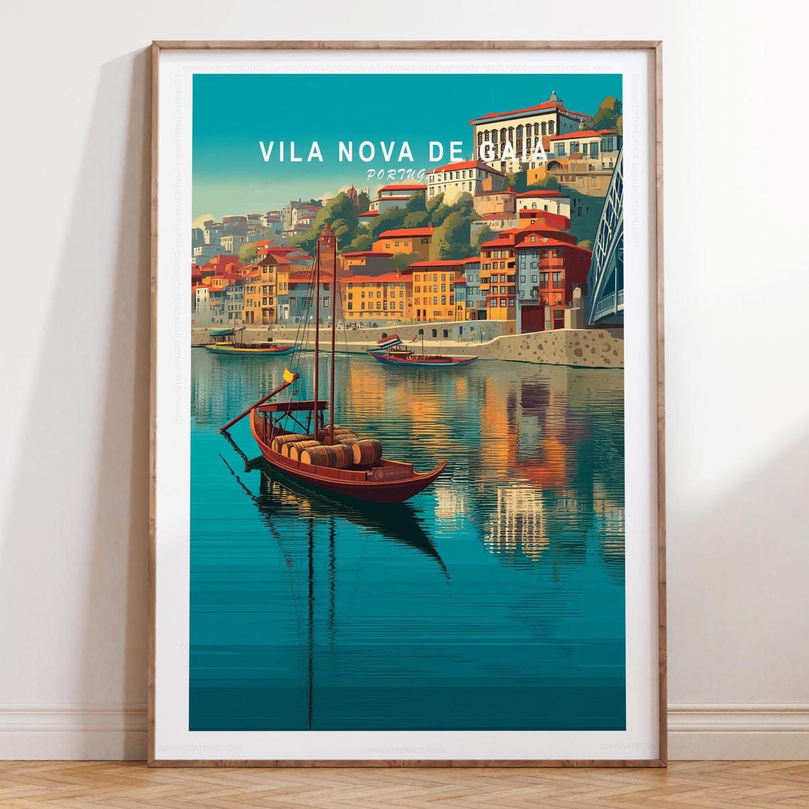 Vila Nova de Gaia Wine Boat Close Up on Teal River Art Poster