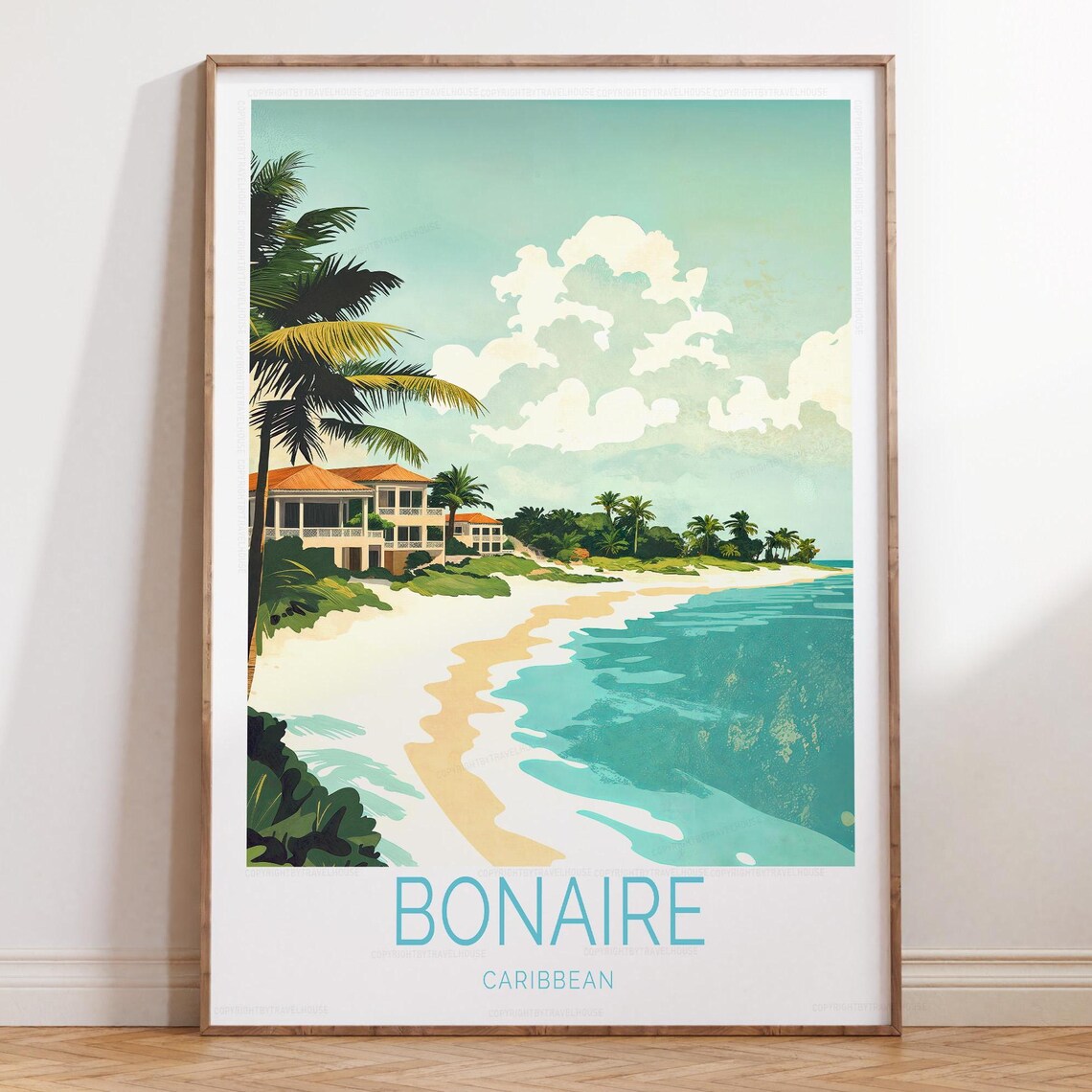 Bonaire Caribbean Beach Palm Trees Turquoise Sea Travel Poster