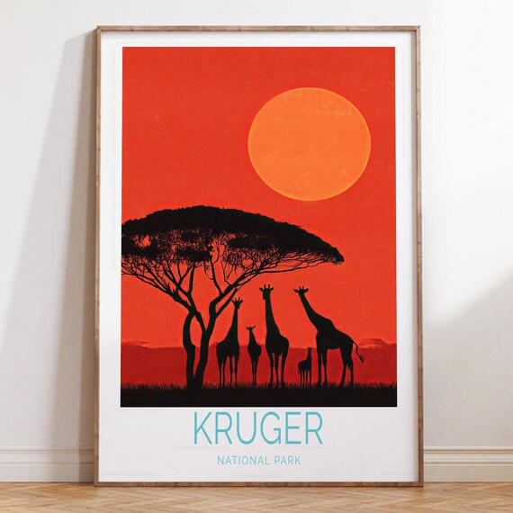 Kruger National Park Big Orange Sun Giraffe Herd Safari Poster