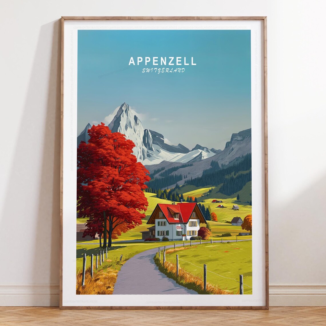 Appenzell Switzerland Autumn Chalet With Fiery Red Tree Poster