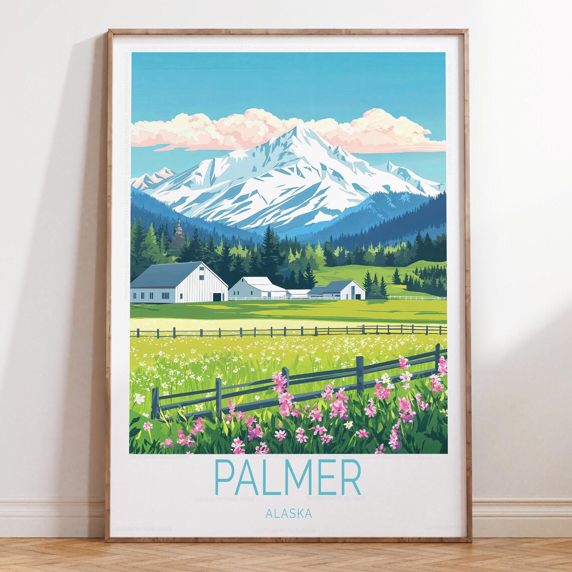 Palmer Alaska Snow Peak Barn Pasture Meadow Vintage Travel Poster