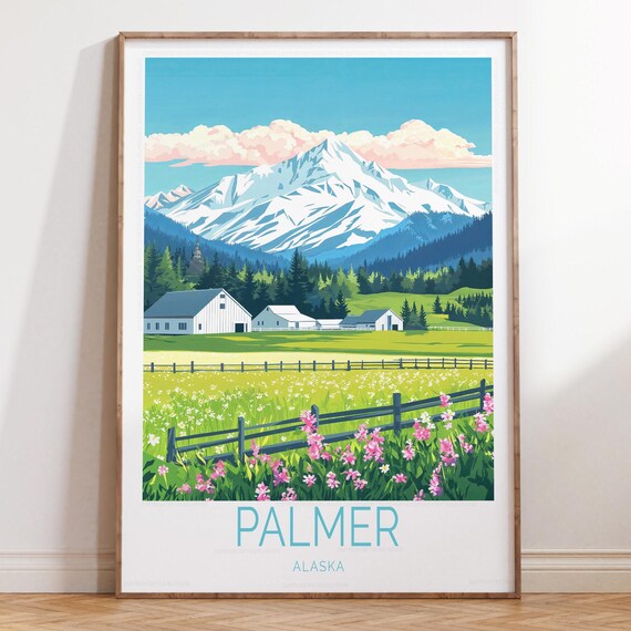 Palmer Alaska Snow Peak Barn Pasture Meadow Vintage Travel Poster