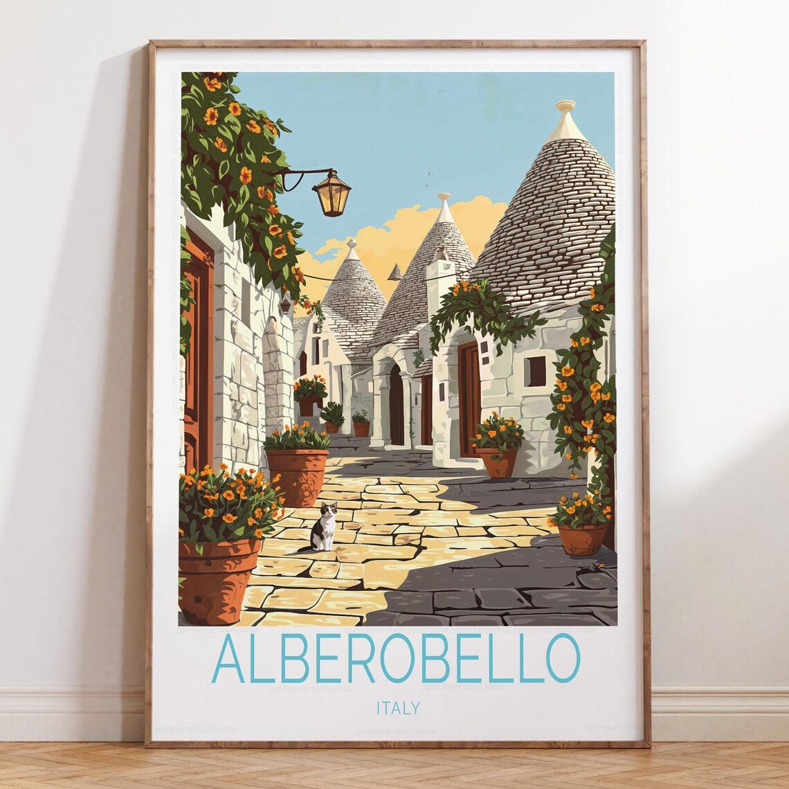 Alberobello Trulli Street Orange Blossoms and Cat Italy Travel Poster