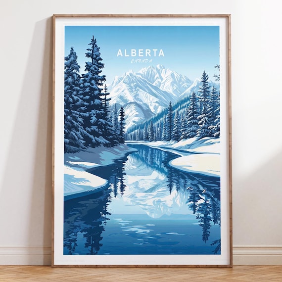 Alberta Canada Winter Mountain Lake Reflection with Title at Top Poster