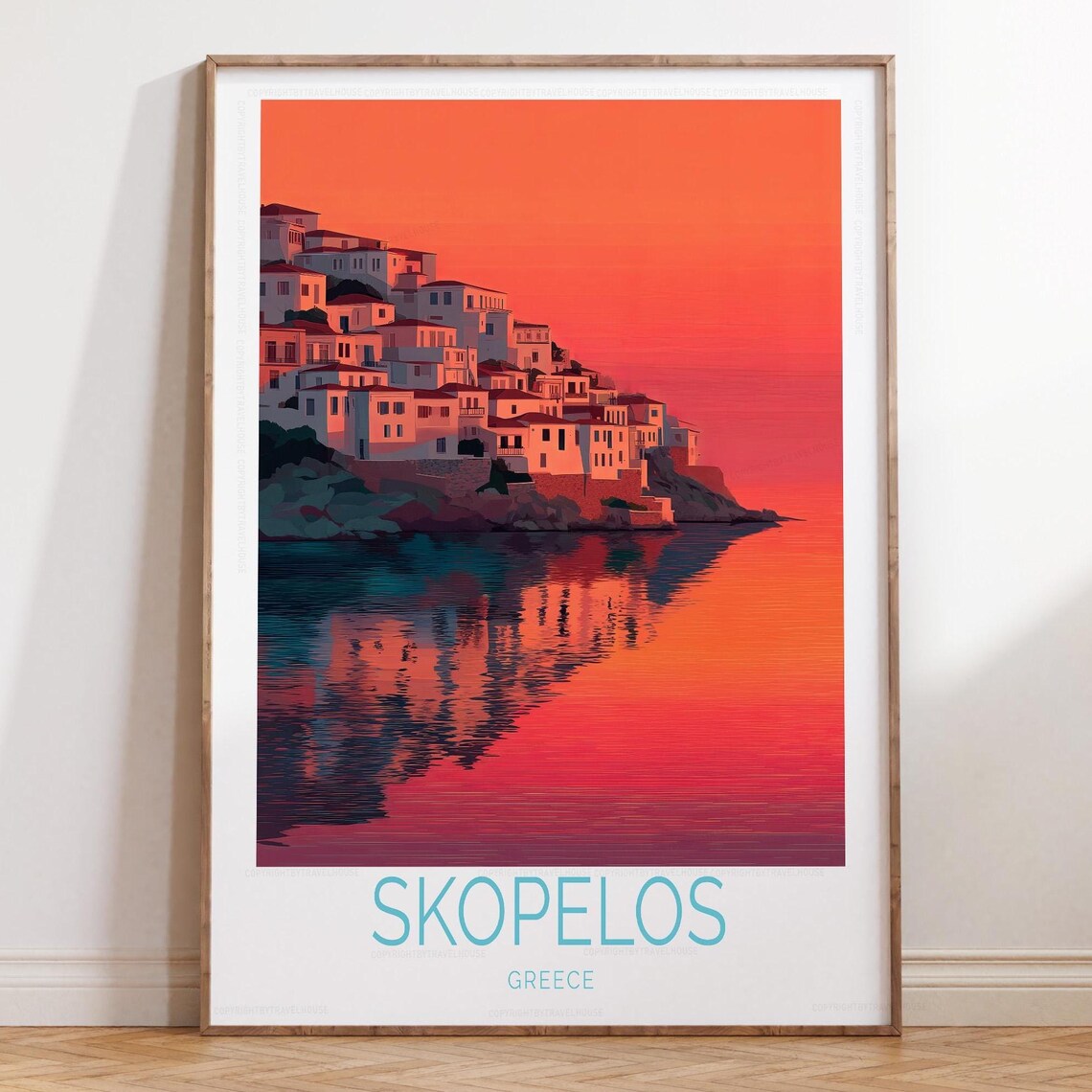 Skopelos Greece Sunset Harbor Town Travel Poster Orange Glow Decor