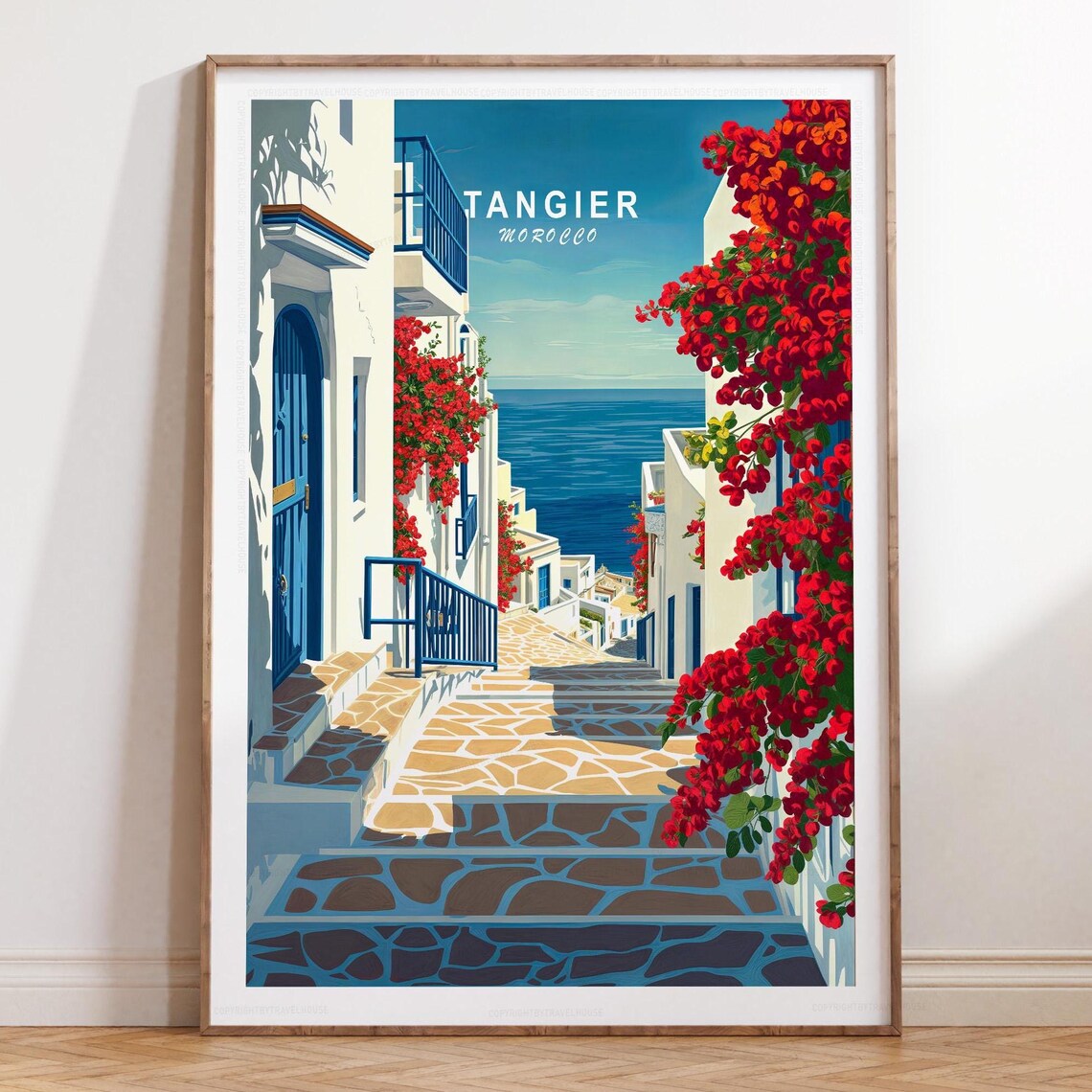 Tangier Morocco Bougainvillea Sea Stairs Travel Poster Sky Title