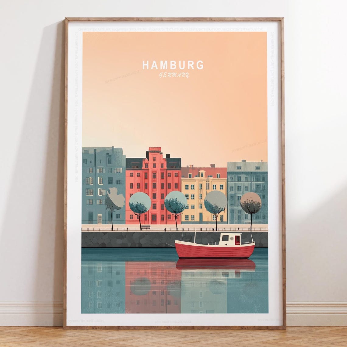 Hamburg Germany Harbor Red Boat Sunset Glow Minimalist Travel Poster