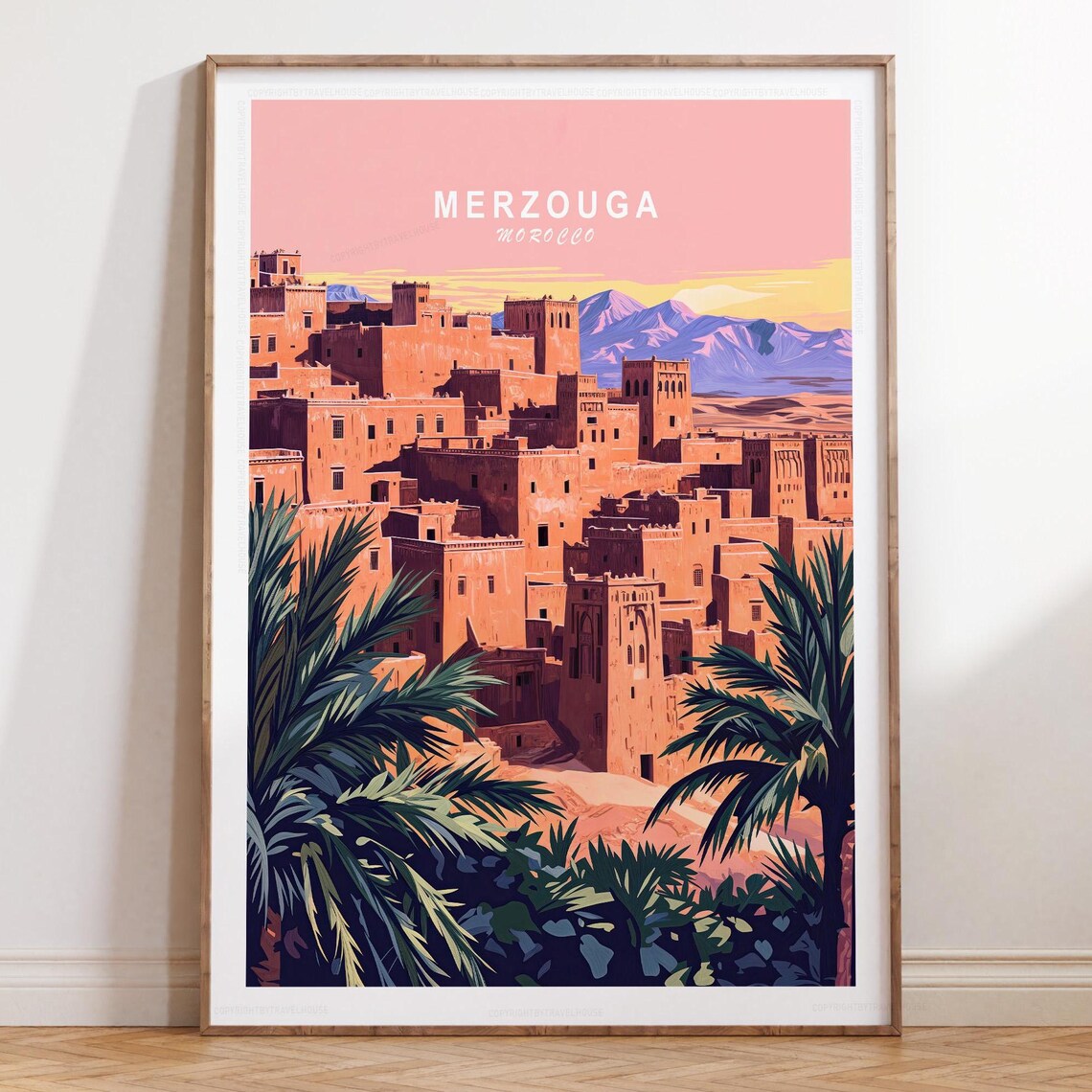 Merzouga Morocco Kasbah at Pink Sunset Desert Retro Travel Poster