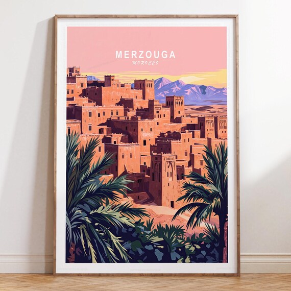 Merzouga Morocco Kasbah at Pink Sunset Desert Retro Travel Poster