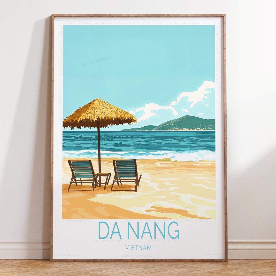 Da Nang Vietnam Beach Centered Umbrella Teal Ocean Travel Poster