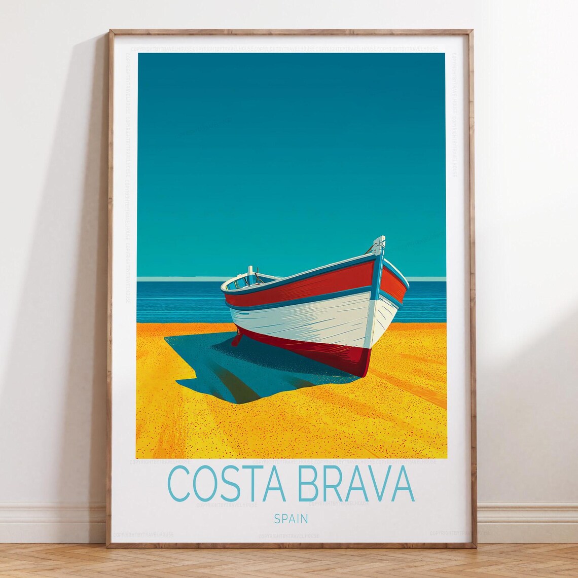 Costa Brava Spain Beach Boat Poster Golden Sand Calm Sea View