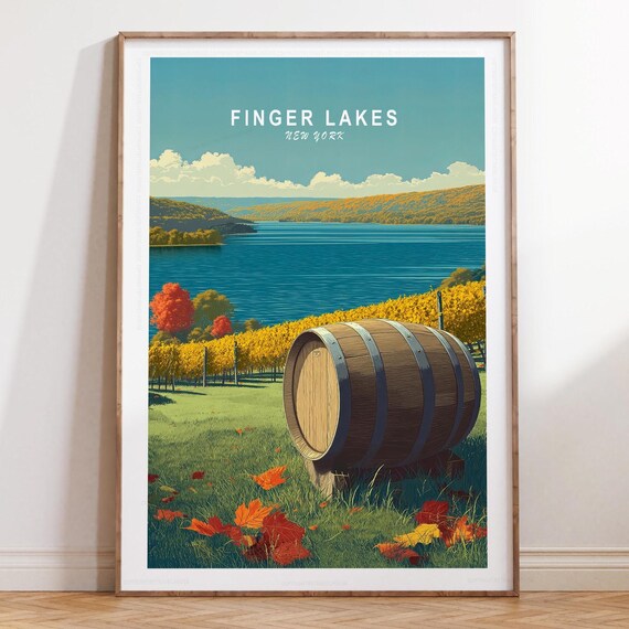 Finger Lakes New York Vineyard Lake Harvest Season Autumn Travel Poster
