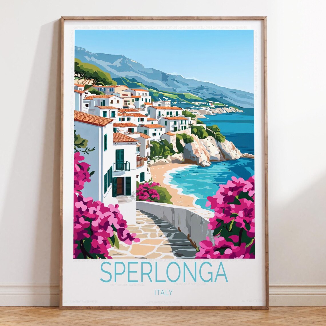 Sperlonga Italy Bougainvillea Stone Stairway Seaside Travel Poster