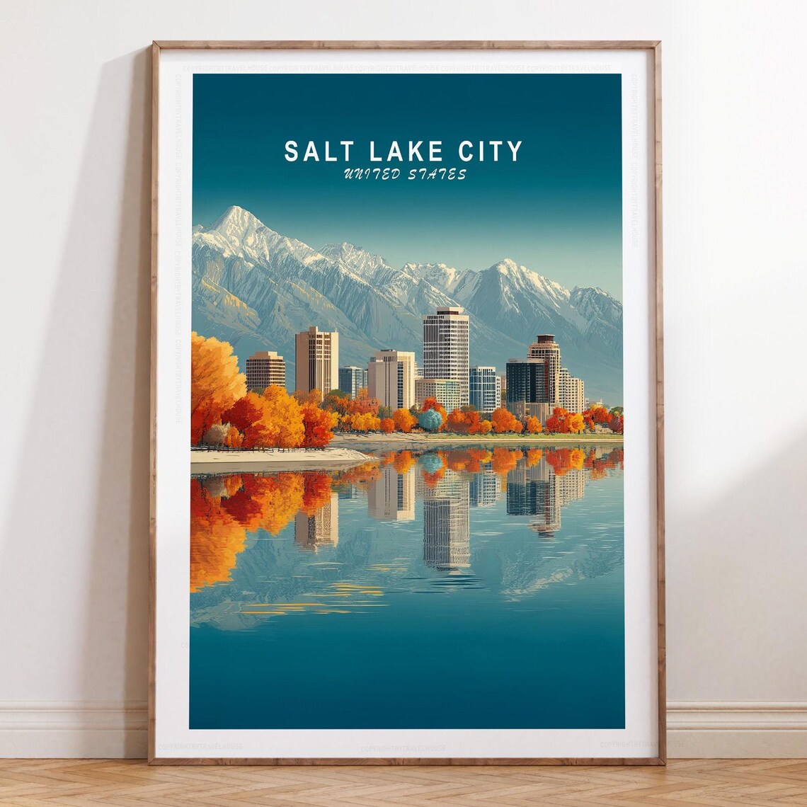 Salt Lake City Autumn Skyline Mountain Lake Reflection Travel Poster