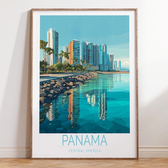 Panama City Palm Lined Harbor Skyline Tropical Travel Poster