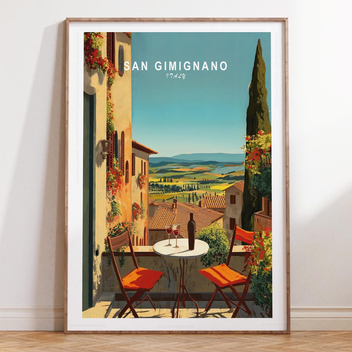 San Gimignano Italy Balcony Wine Table With Cypress Top Title Poster
